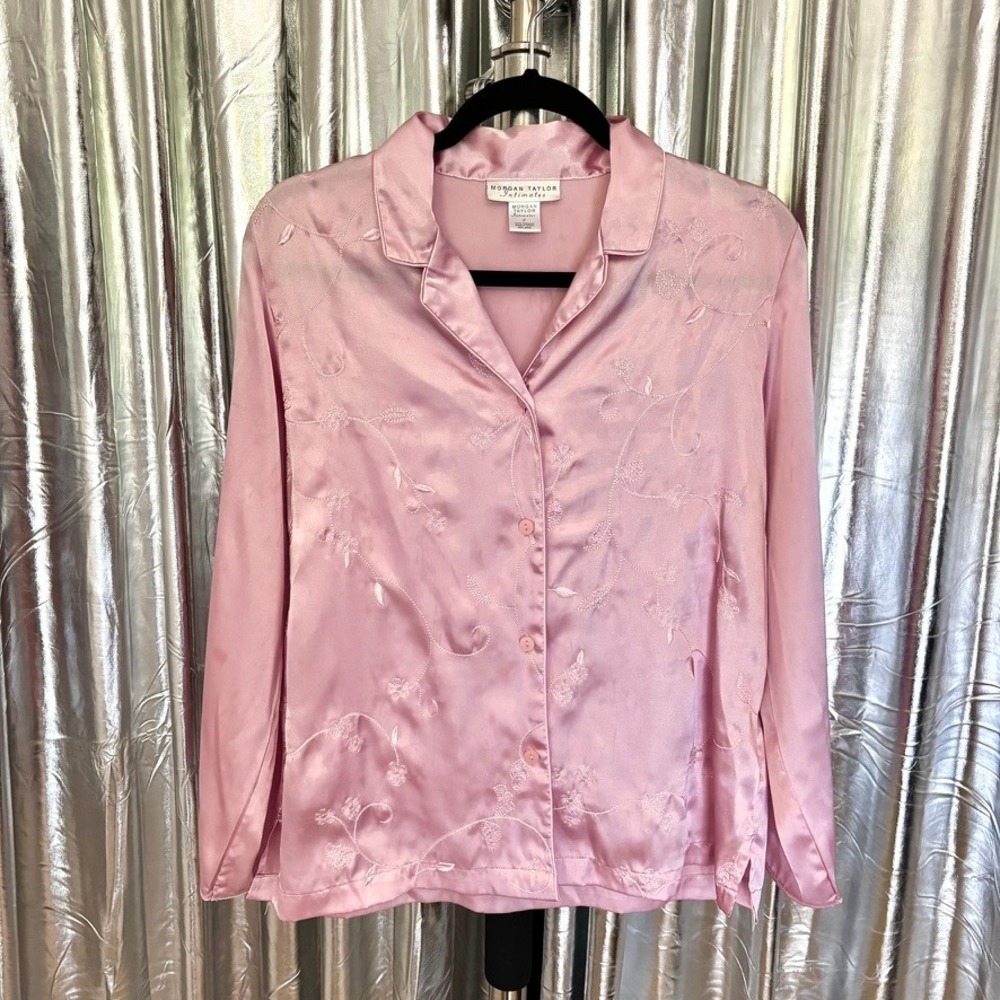 Morgan Taylor Intimates Pink Satin Embroidered Pajama Top